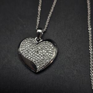 FAS Diamond Chip Heart Necklace Pendant Silver Tone